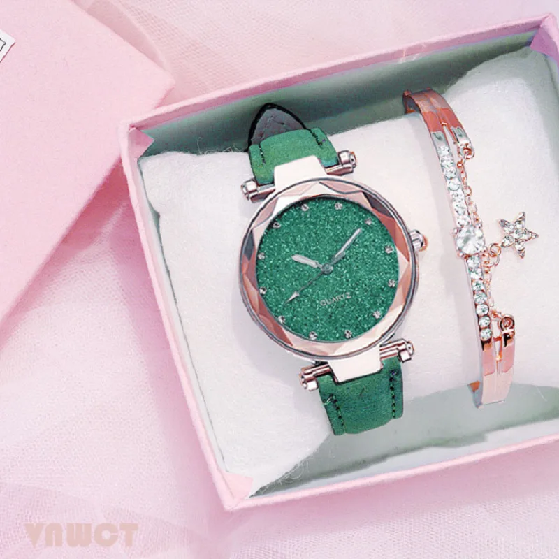 Women Romantic Starry Sky Watch Bracelet Pu Leather Rhinestone Designer Ladies Clock Bracelet Watches Set