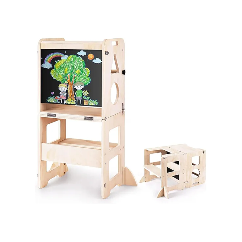 Learning Tower for Toddlers Foldable Kitchen Step Helper Stool with Adjustable Height & Safety Rail for Kids Kitchen helper