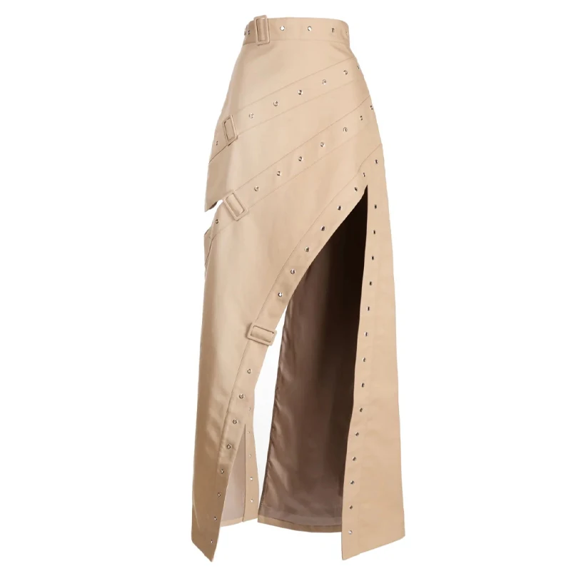 OEM high-quality asymmetrical design perforated decoration slit hem fashion casual long half skirt for women