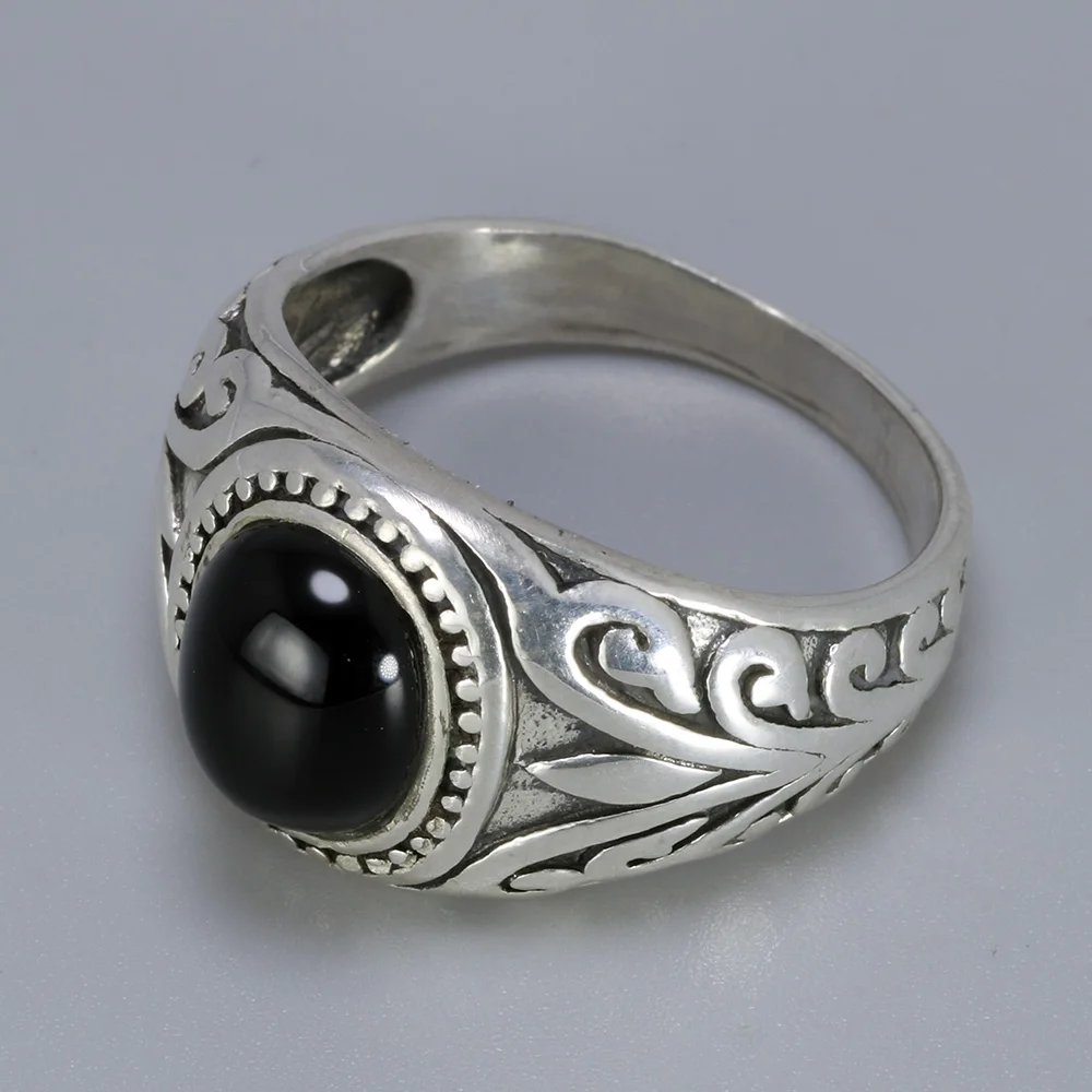 925 Sterling Silver Engraved Flowers Black Onyx Turkish Men Rings Red Garnet Stone Ring Designs For Silver Men Jewelry