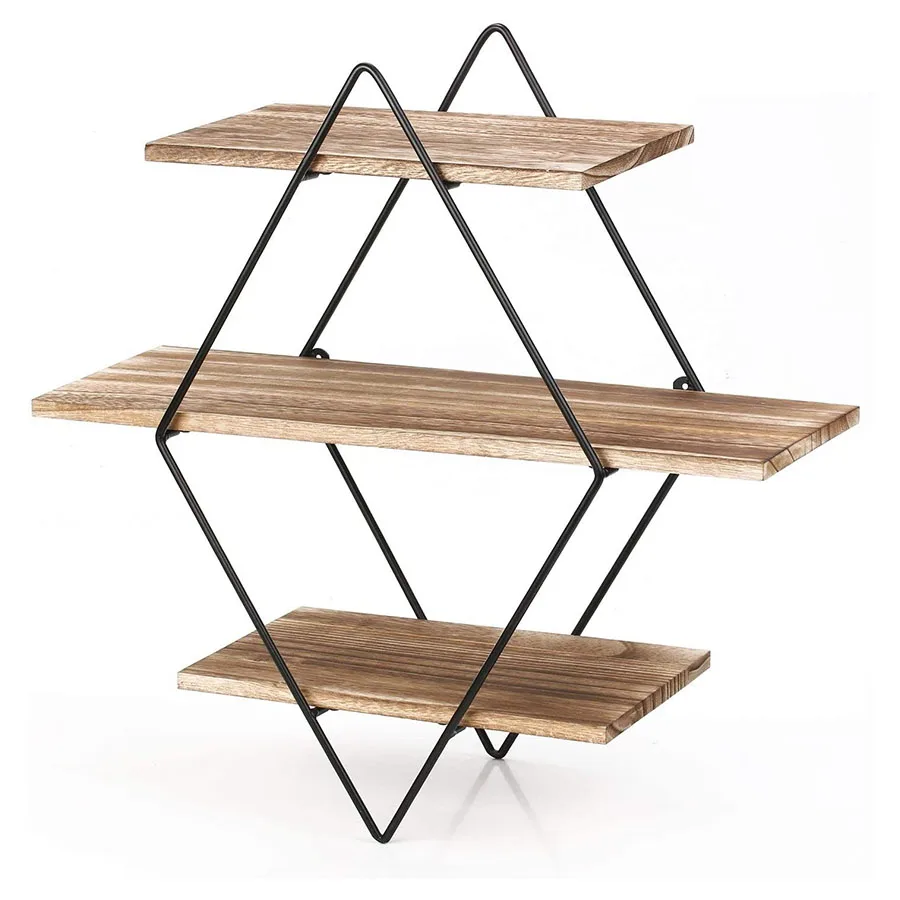 Floating Shelves 3 Tier Geometric Diamond Wall Wood And Metal Shelf Rustic Farmhouse Decor