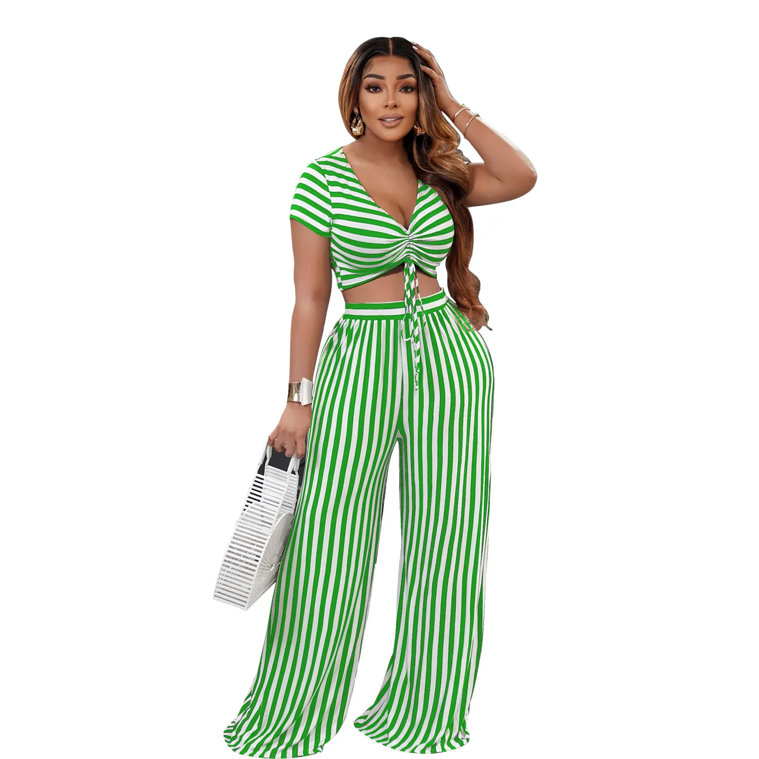 Striped Print V-Neck Loose Short Sleeve Cropped Top and Wide Leg Pants Two Piece