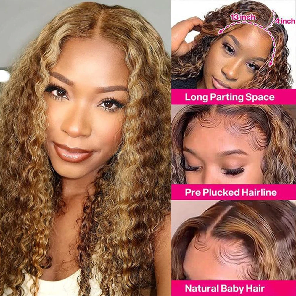 Deep Wave Curly Highlight Blonde Lace Frontal Wig Piano glueless Human Hair Hd transparent Lace Front Highlighted Color  Wig