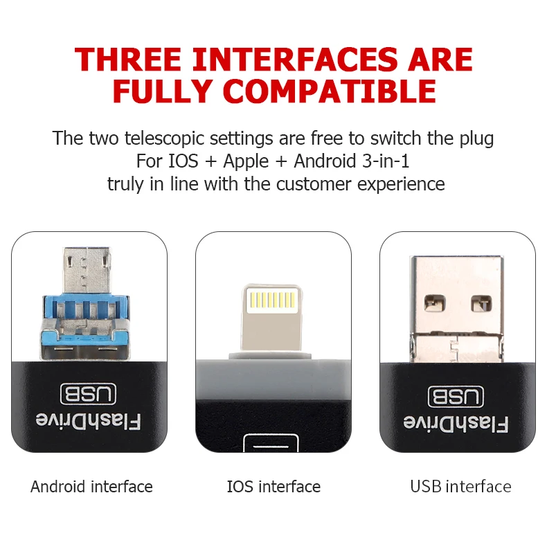 
3 In 1 Function For Iphone Usb 3.0 Flash Drive Metal Otg Pen Drive Memory Stick Otg 8gb ~ 128gb Usb Pendrive 