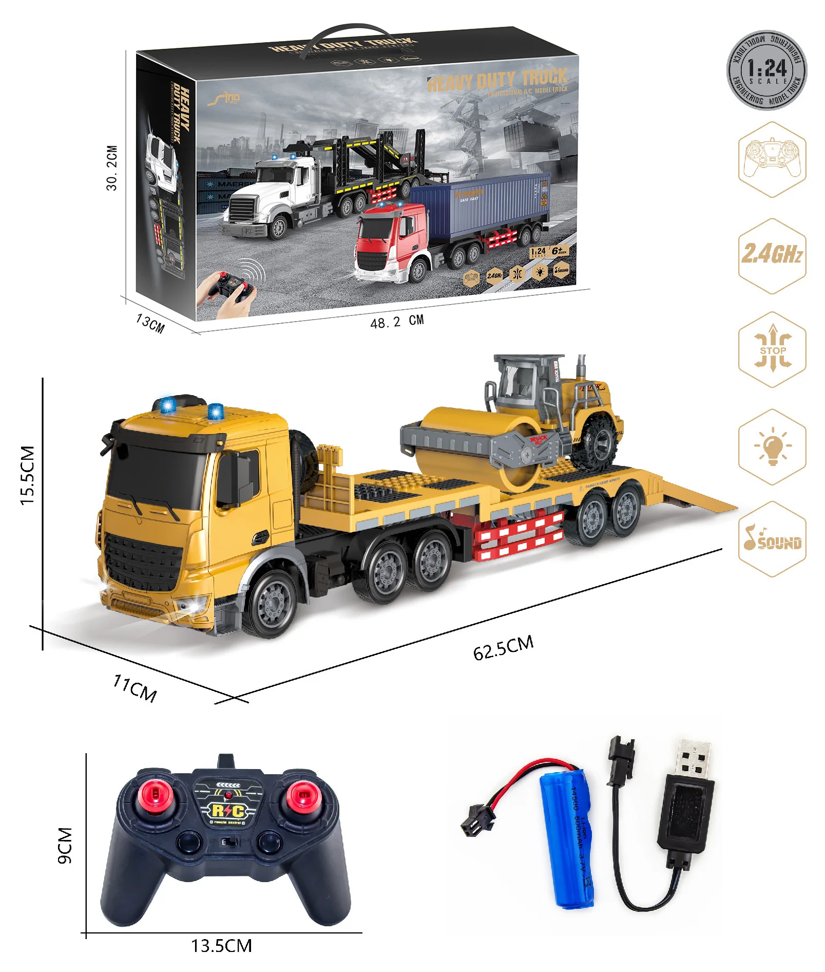 RC Engineering Tractor with Sound and Lights 2.4Ghz Remote Control Flatbed Truck with Road Roller R/C Construction Vehicles Toy