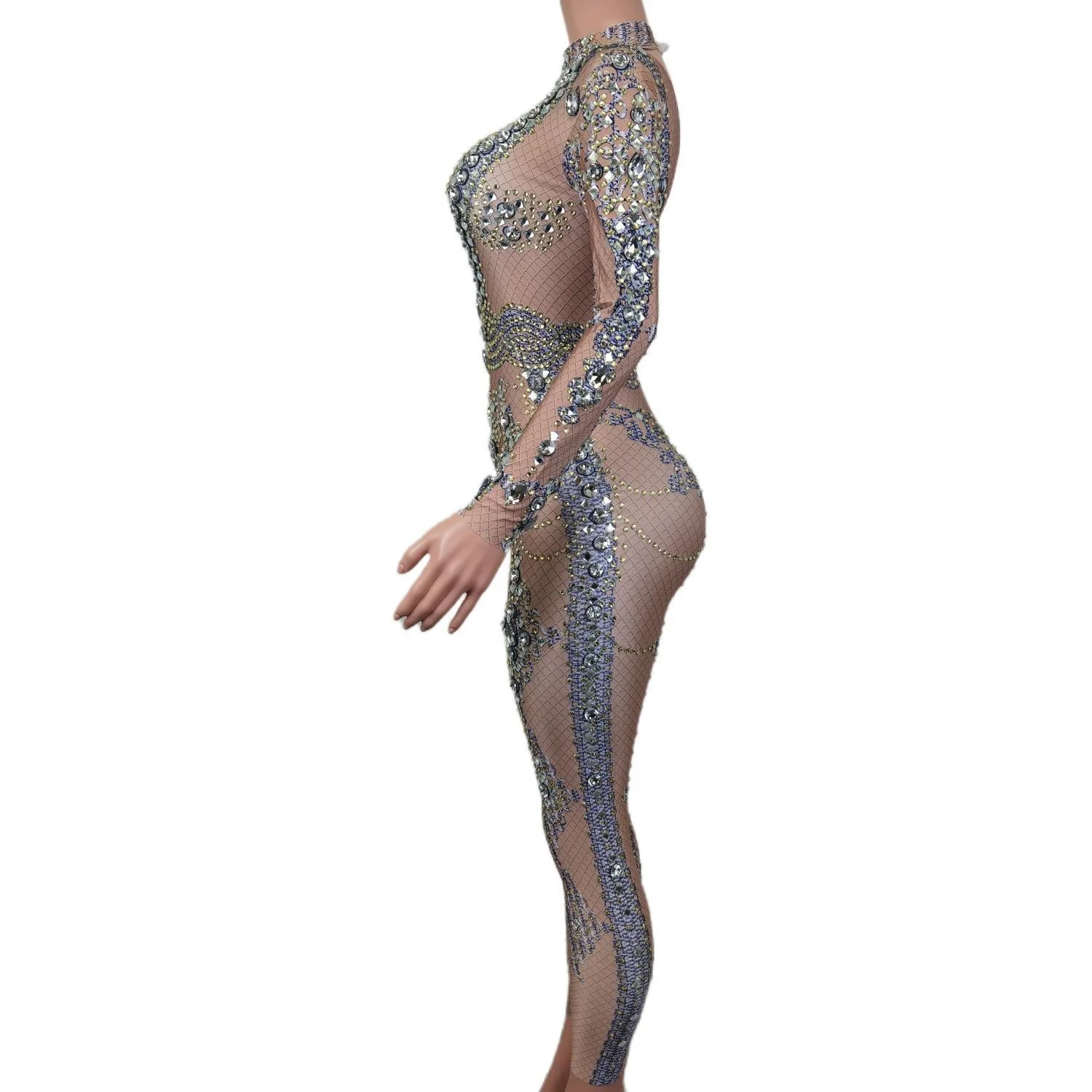 Sparkly Long Sleeves Rhinestone Bodysuit Festival Performance Outfit Plus Size Female Sexy Diamonds Rompers Party Women Jumpsuit