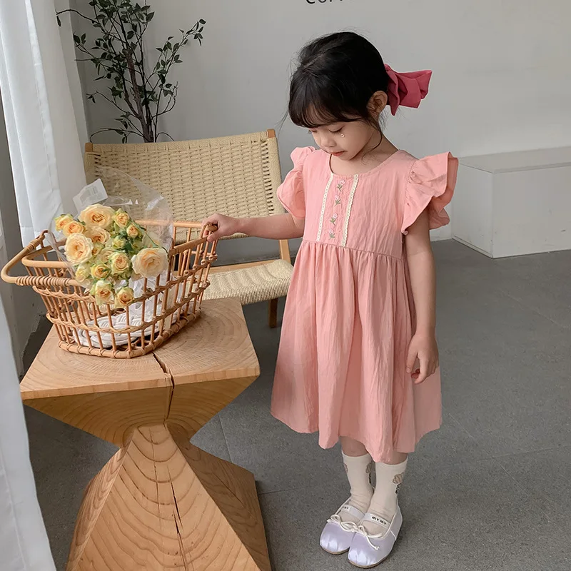 New Summer Korean Cute Toddler Girls Ruffle Sweet Floral Embroidered Dresses Fort Children Kids Sleeveless Cotton Princess Dress