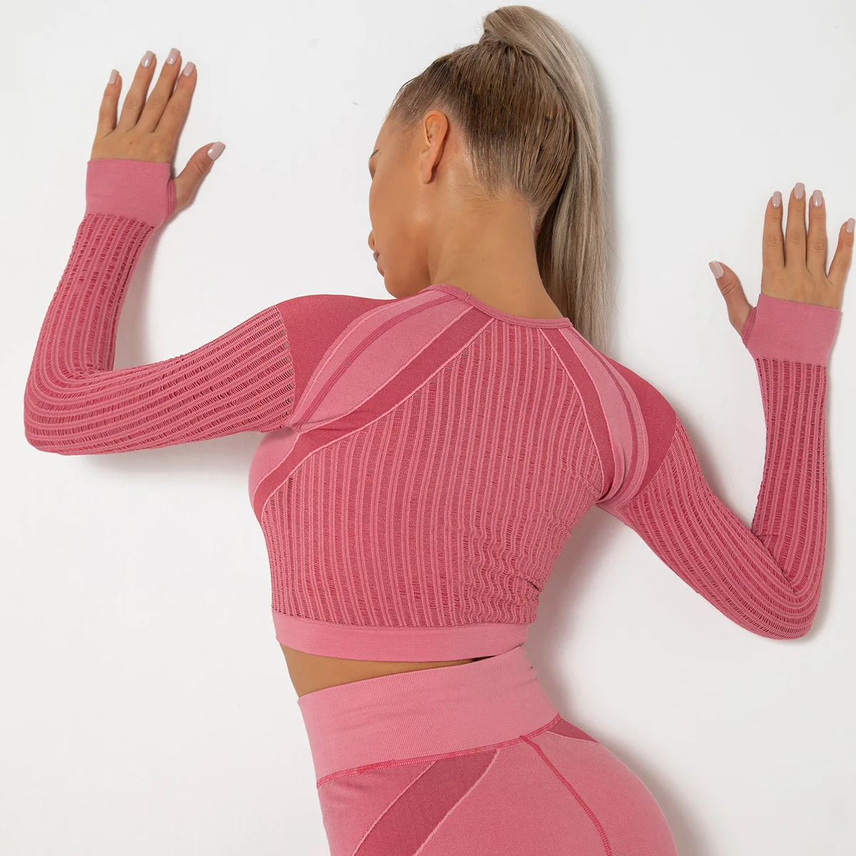 Two Piece  Women High Waist Tight Sport Wear Yoga Set Suit Activewear Yoga Set long Sleeve Crop Tops  with thumb hole