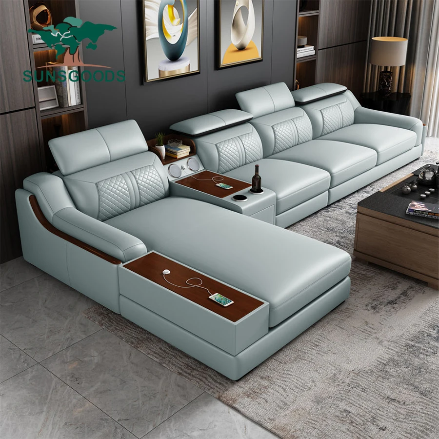 Modern Living Room Sofa Set Genuine Leather Sofas with USB Music Speaker