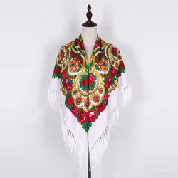 GEERDENG New Arrival Soft Polyester Muffler Square Bandana with Tassel Fringes Ethic Warm Wrap Shawl Stole Russian Flower Scarf