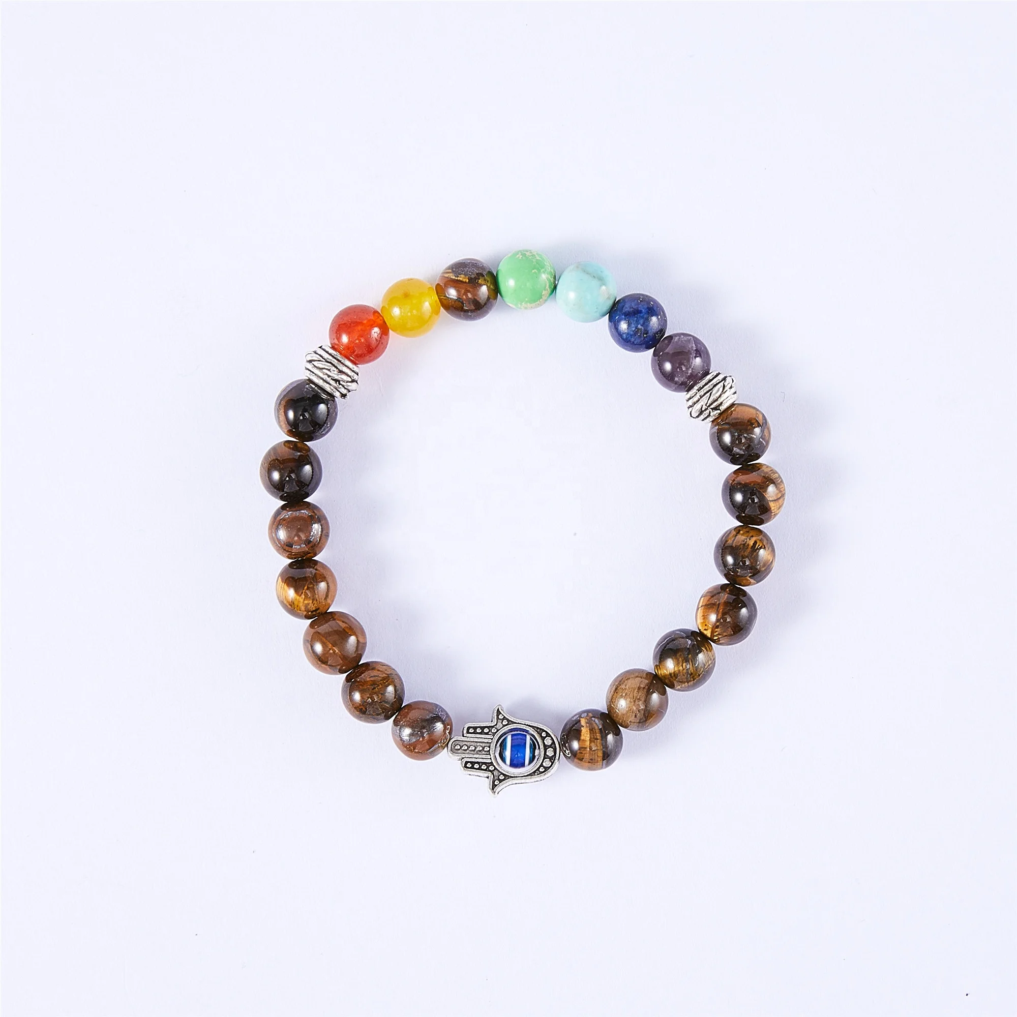 8mm Beads Bracelet Wholesale Men Natural Stone Hand Of Fatima Beaded Chakra Tiger Eye Bracelet