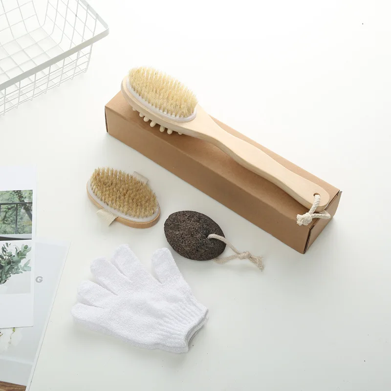 Promotional Wood Bath Accessory Set Double-Side Brush, Foot Grinding Stone, Hand Brush and Nylon Gloves Spa Set Bath Gift Set