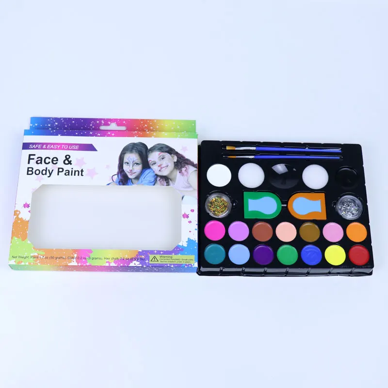 Private label customized 16 colors Face Body Paint kit with Glitters  Stencils Face Painting set for Children DIY