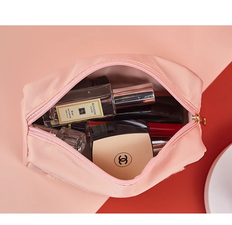 Wholesale Pink Waterproof Nylon Makeup Cosmetic Travel Embroidery Train Case Brush Terry Towel Cosmetics Bag For Girl