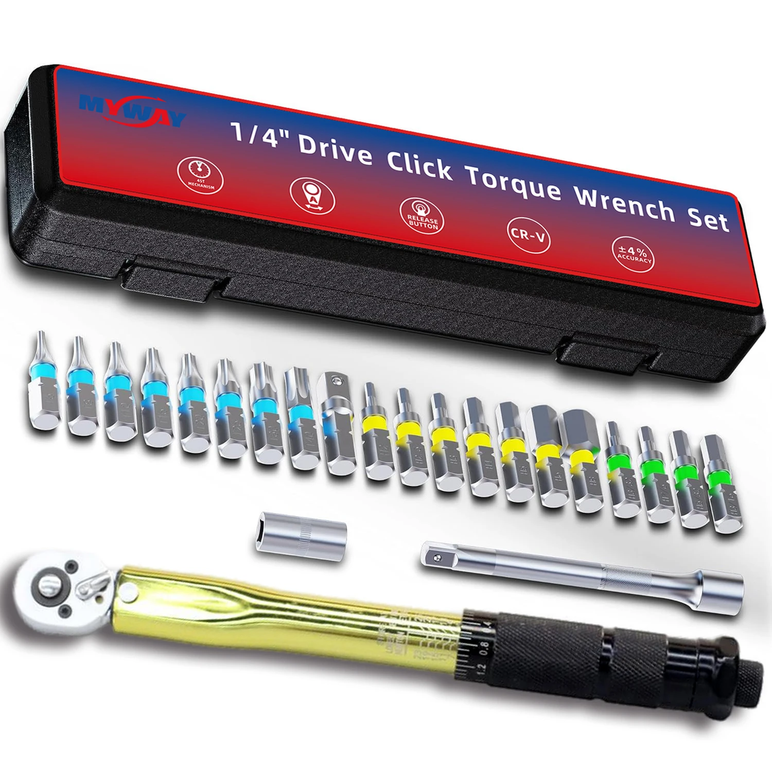 45T CRV 23pcs 1/4' 20-200lb.ft Gold Torque Wrench Set Multi-functional Maintenance Tool Kit Birthday Holiday Gift