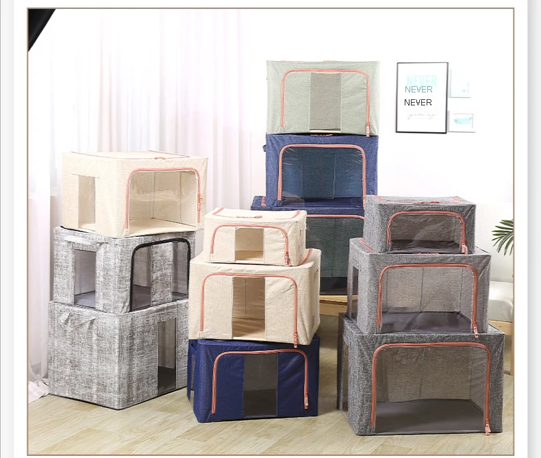 KUYUE Linen Clothes Storage Bags Frame Storage Bin Boxes Foldable Clothing Organizer Fabric Collapsible Clear Window Metal 1.16