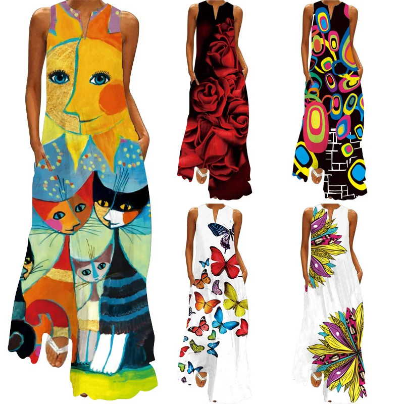 Женское винтажное платье макси без рукавов, Повседневное платье большого размера с цветочным принтом и V-образным вырезом, Новинка лета 2023