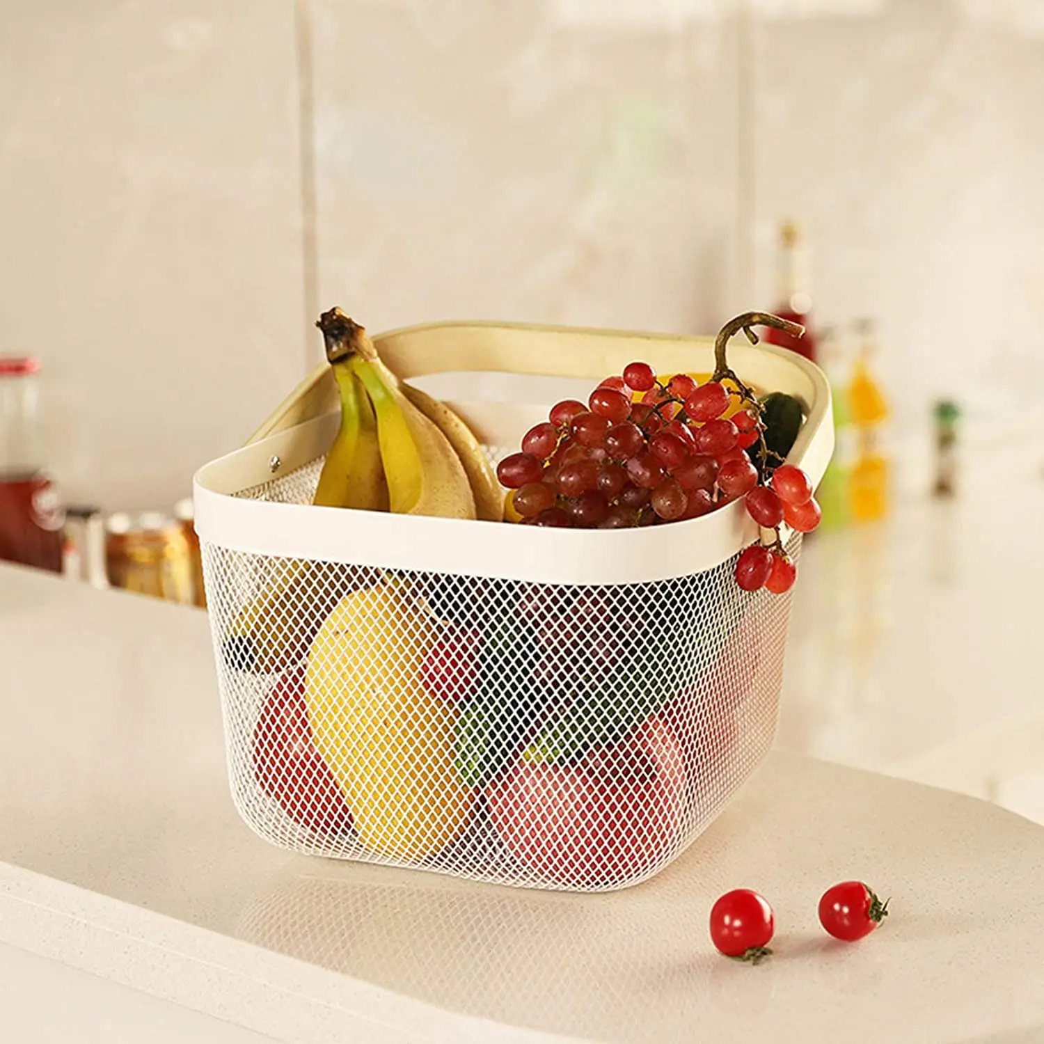 Multi-function Hanging Kitchen Mesh Metal Wire Baskets Fruit Basket Bin with Wood Handle for Kitchen
