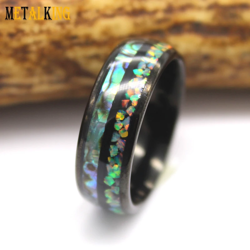 Свадебный браслет из карбида вольфрама 8 мм с опалом и морской раковиной, инкрустация черным и купольным покрытием