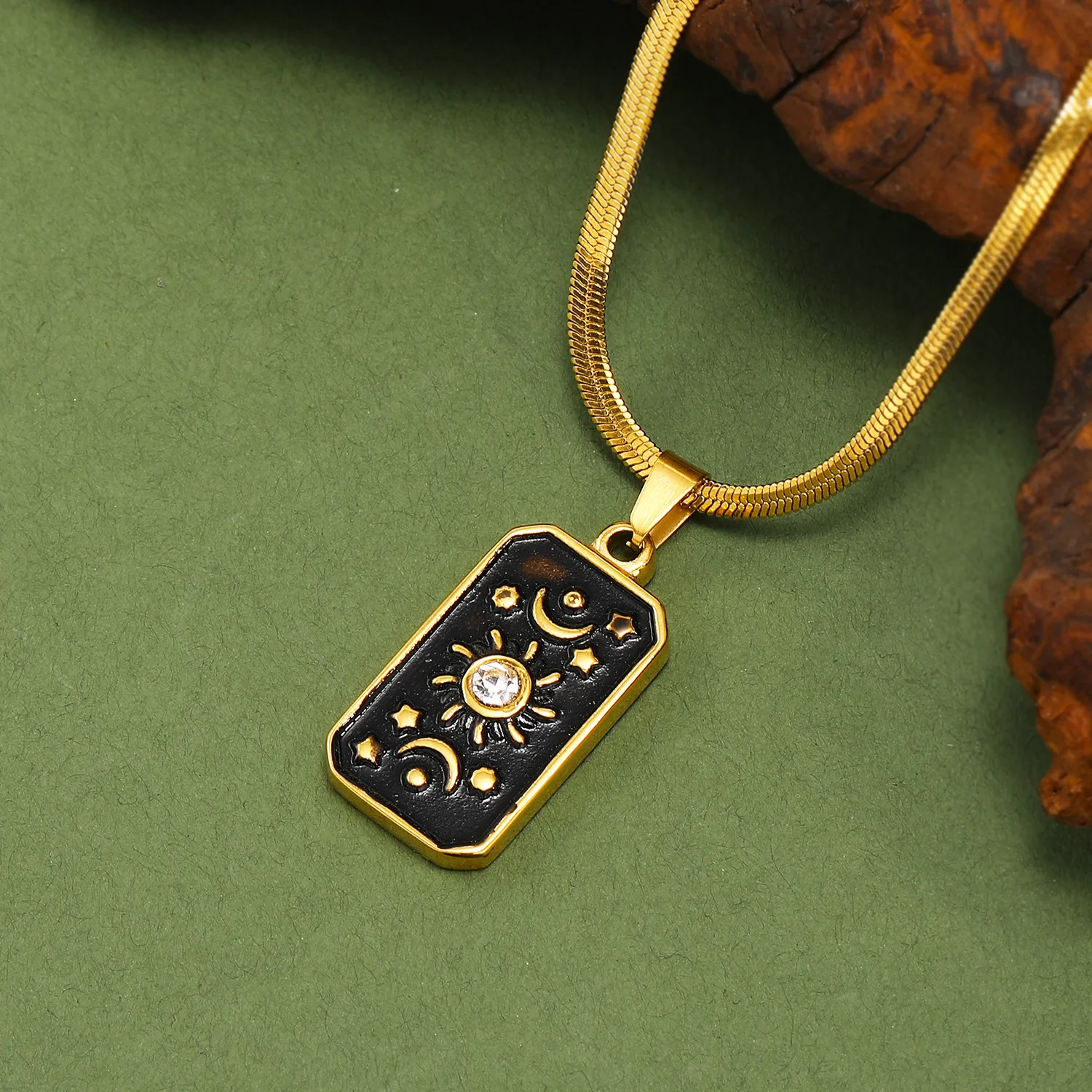 Classic Black Oil Drip Square Plate Divination Necklaces Gold Stainless Steel Snake Chain Diamond Inlay Tarot Necklaces