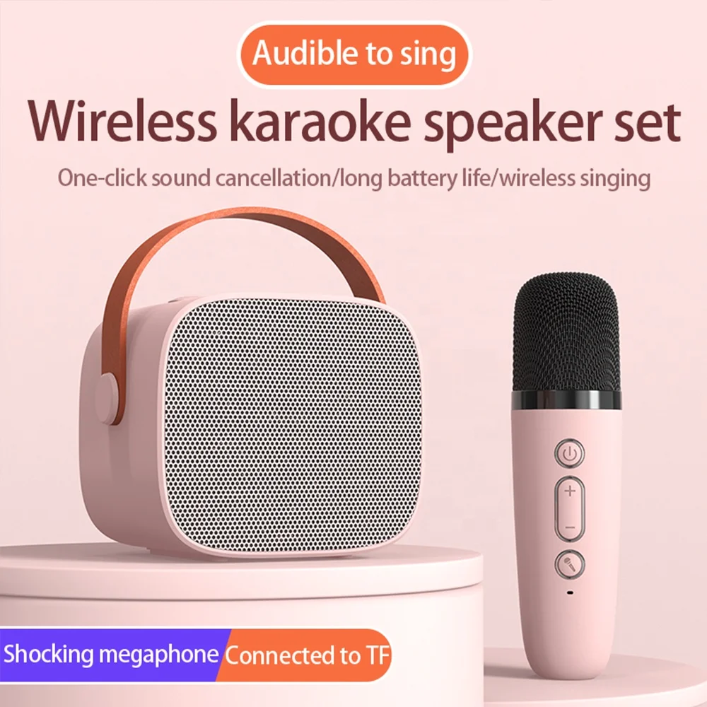 2023 New Mini Karaoke Machine with 2 Wireless Microphones Portable Speaker for Adults Kids Singing Support USB-C AUX TF