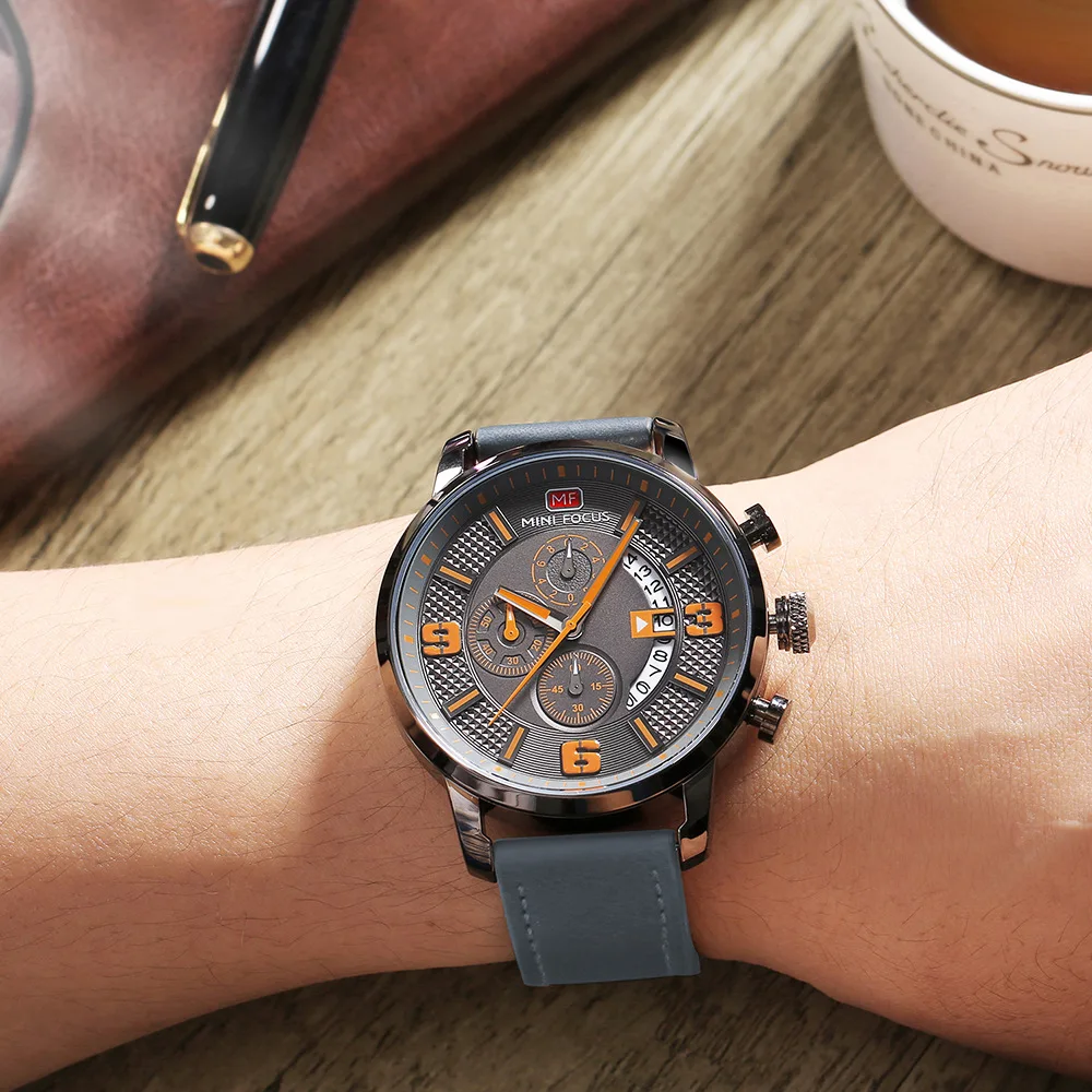 MINI FOCUS Extra Large Dial Multi Functional Three Eyes Fashion Mens Watches Top Brand Luxury Quartz Exquisite