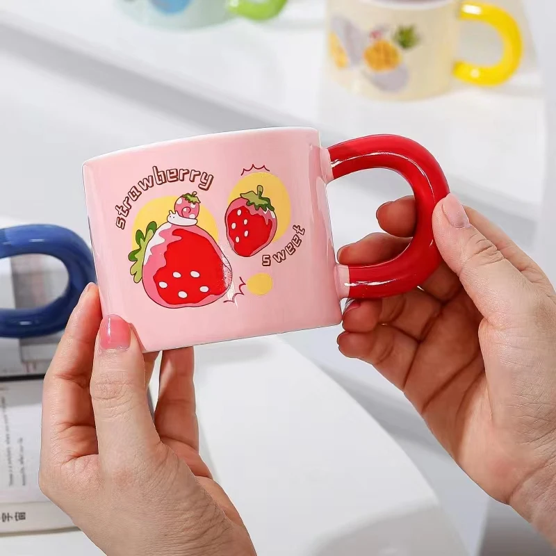 Hot Selling Ins Style Girl Cute fruit Creative Mug 320ml Ceramic Coffee Cup With Fat Handle Customizable Logo
