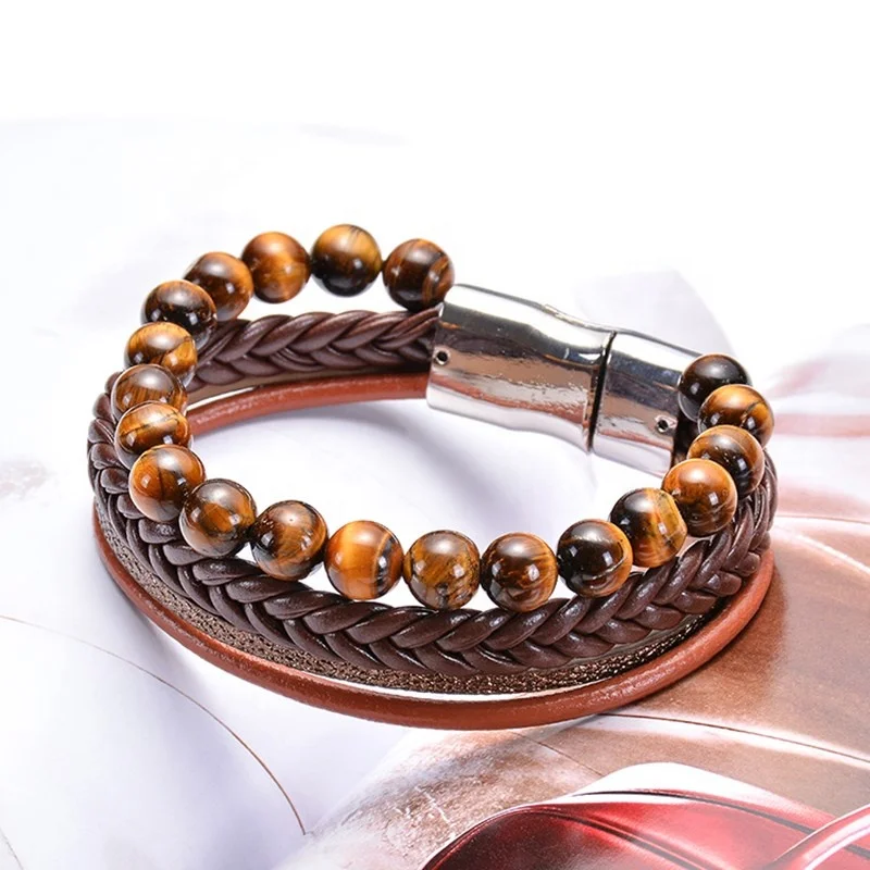 Wholesale designs with natural tiger eye stone  handmade beads multilayer stainless steel magnet buckle leather bracelet