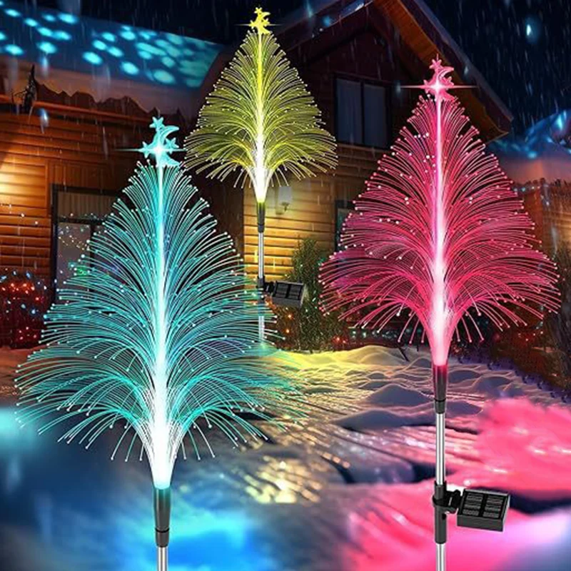 Solar Power Christmas Tree Garden Stake Lights Outdoor Waterproof Yard Pathway Outside Decorative Fiber Optic Jellyfish Lights