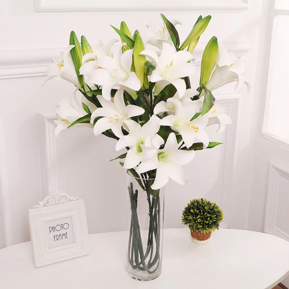 Wholesale Silk Faux Floral Lilium Artificial Lily 2 Big Heads Lily Flower For Home Wedding Decoration