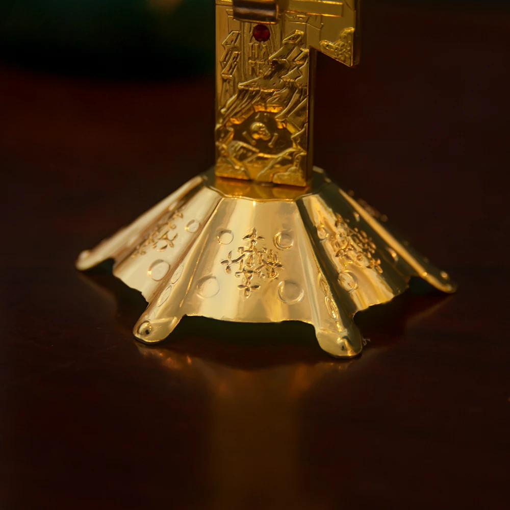 HT Gold Plated Candlesticks Church Jesus Crucifix Candle Holders with Round Base and Floral Design