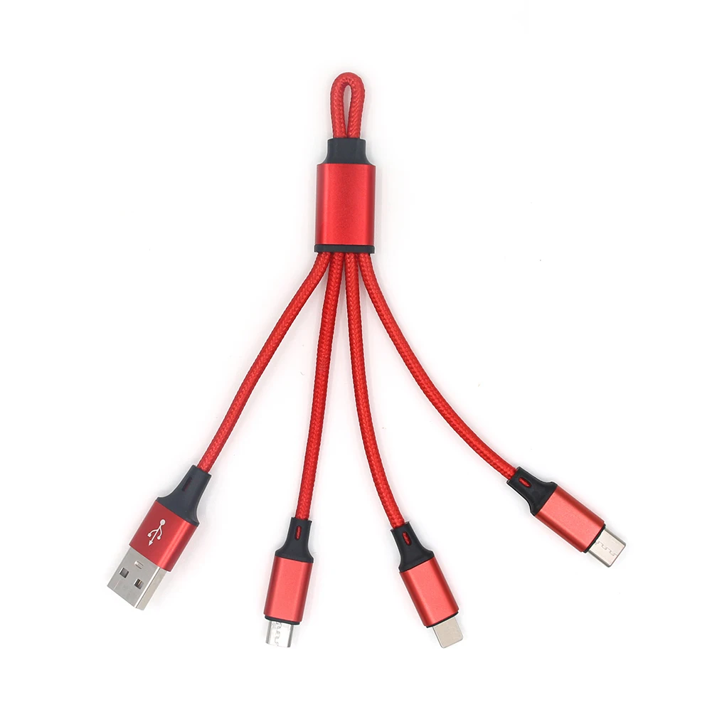 Short 3in1 nylon keychain usb cable charging for iphone for type c for android cellphone