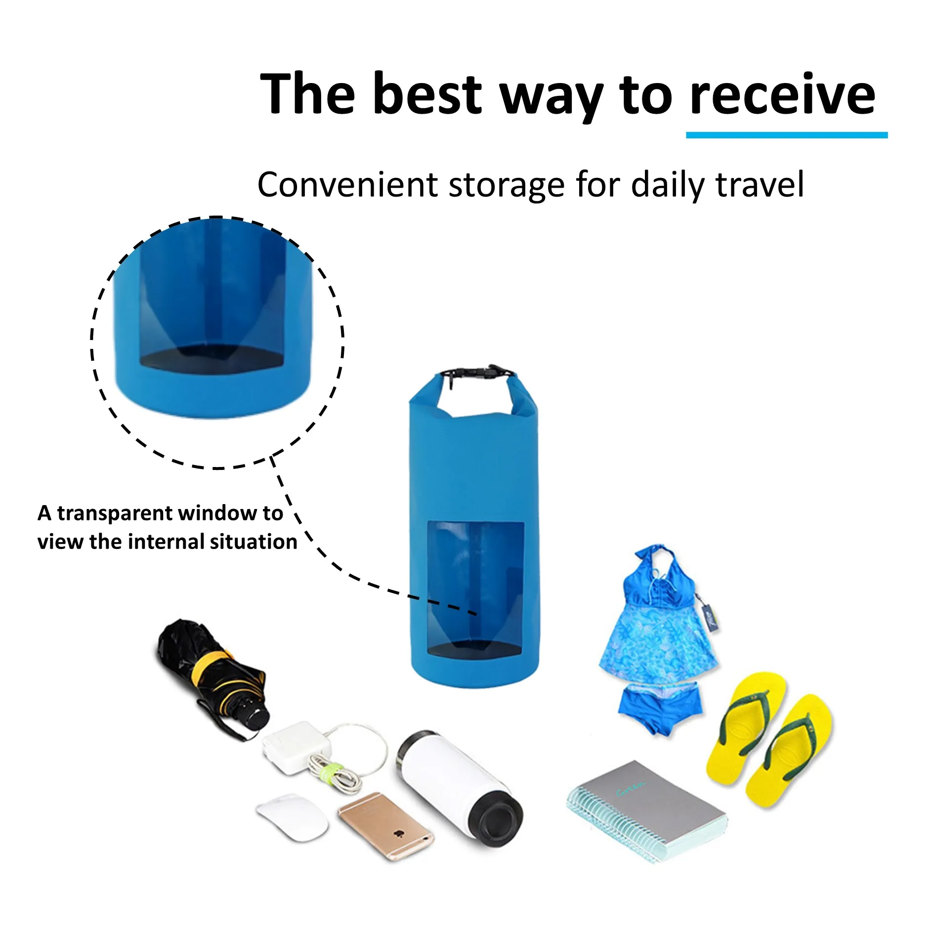 Wholesale Outdoor Sport Drifting Mountaineering Beach Bag Transparent Window Dry Bag Receive PVC Waterproof Bucket Bag