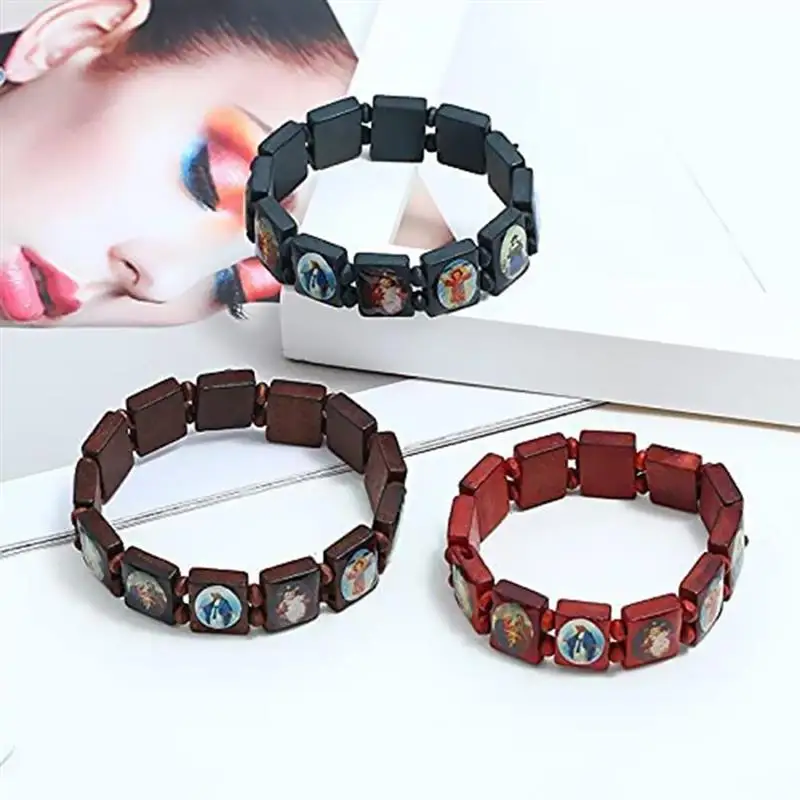 Wooden Rosary Jesus Bracelet Elastic Coloured Beads Catholic Bangle Picture Of Religious Saints Holy Gods Devotion Bracelet