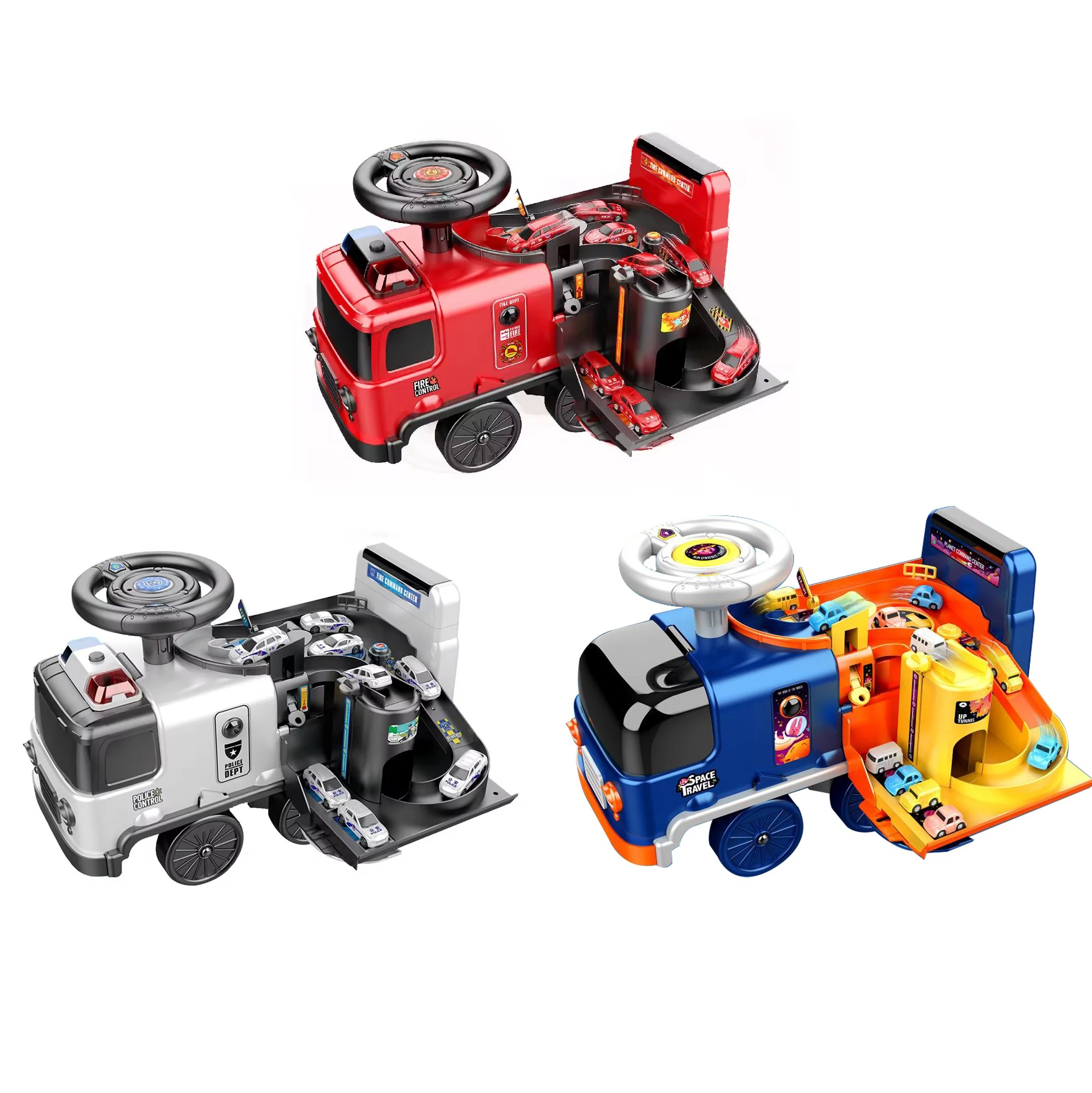 2024 Kids new slide fire truck ride on car toys multifunctional 2-in-1 adventure electric fire truck track toys with sound light