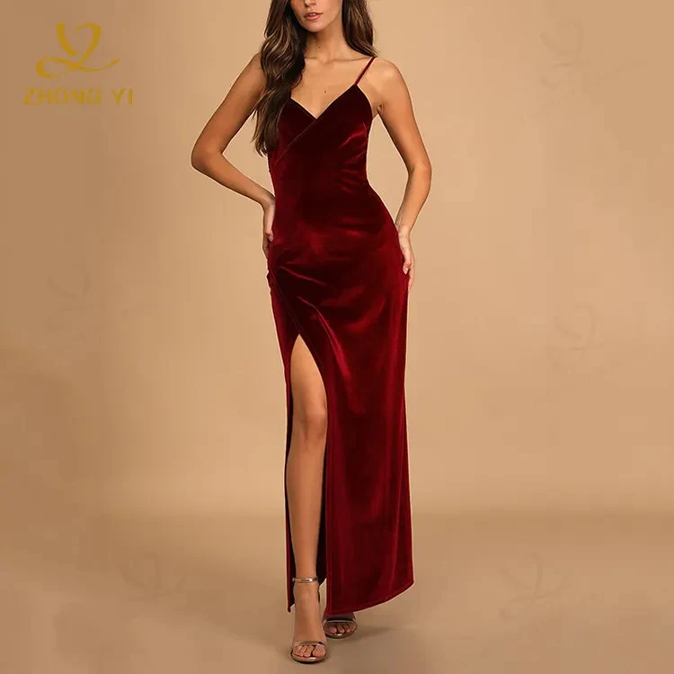 Women Clothing Manufacturers Custom Oem Luxury Burgundy Velvet Sexy Overlapping High Side Slit Elegant Prom Party Maxi Dresses