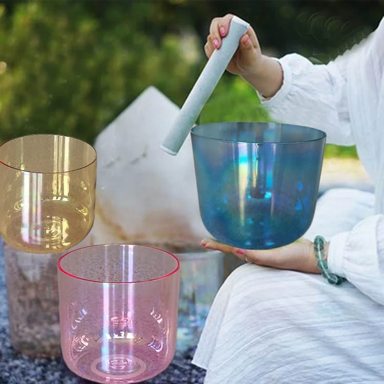 Easy Tuning 5 To 8 Inch Colored Clear Crystal Singing Bowl Set For Chakra Sound Bath
