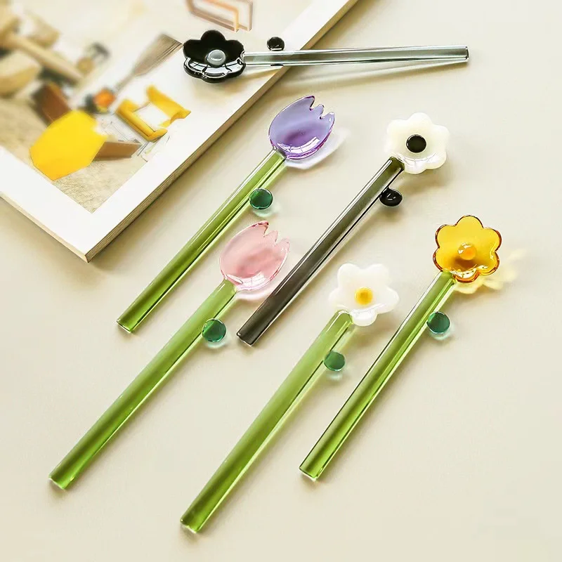 Glass Coffee Stirring Spoon Long Handle Flower Shaped High Borosilicate Coloured Transparent Glass Ice Cream Dessert Spoon