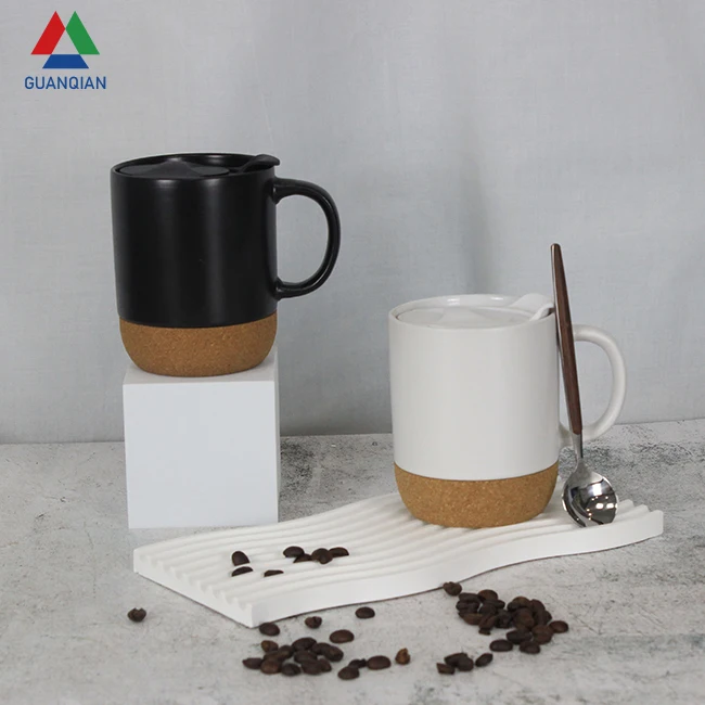 coffee Cup Cork Bottom PP Lid 12OZ White Ceramic Coffee Mugs Manufacturer With Logo Supplier Custom Customizable Wholesale