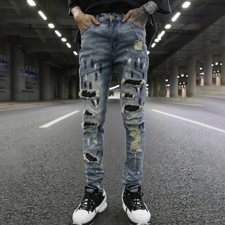 Wholesale Style Brand Italian Designer Rhinestone Skinny Jeans For Men