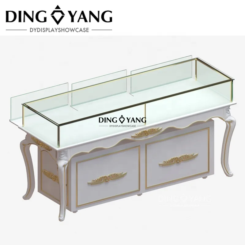 OEM Exquisite Wooden Glossy White Golden Jewelry Shop Cabinet Display Counter Showcase With Lockable Storage
