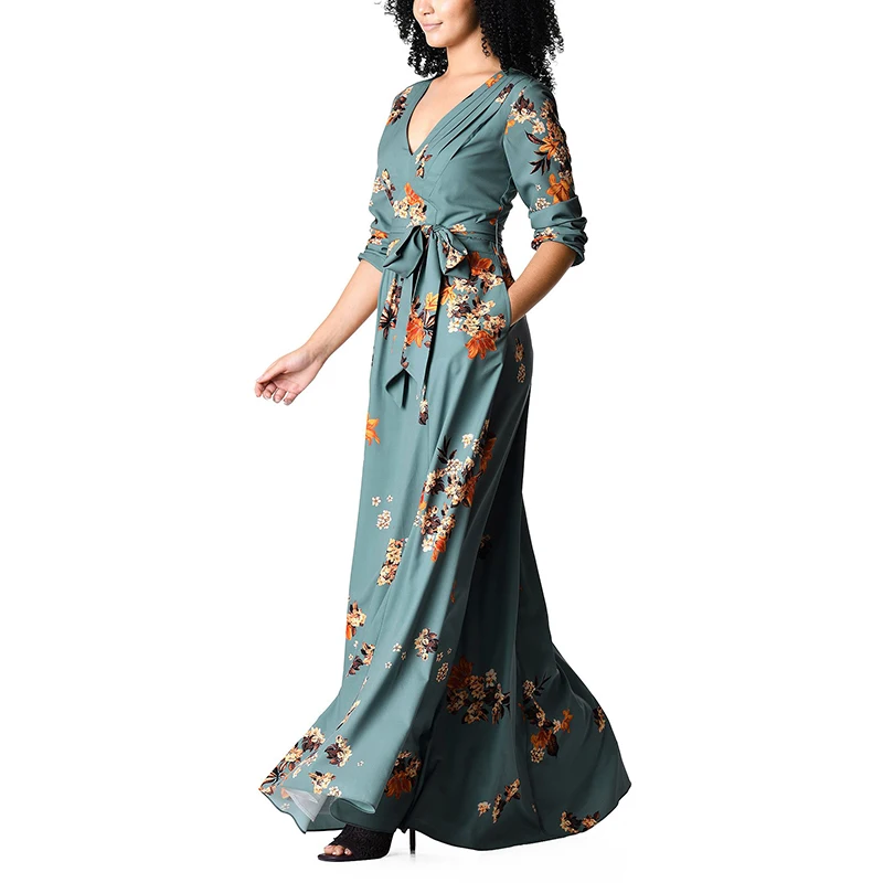 Excellent Quality Custom Flutter Floral Dress Long Sleeve Print Maxi Dress Classic Summer Holiday Casual Dress With Belt Pockets