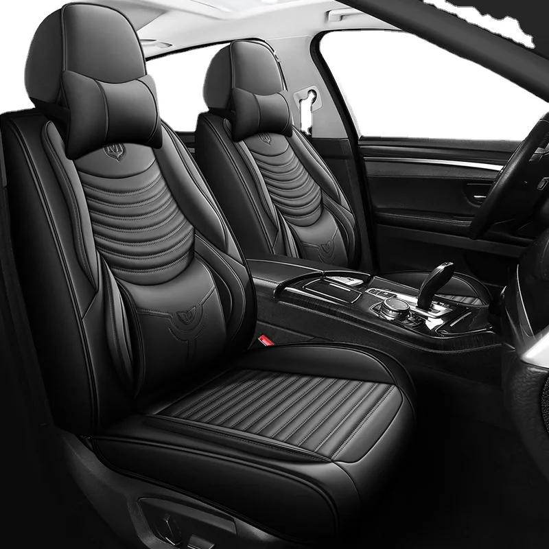 PU Leather Sweat Car Seat Cover 5 Seats Full Set Car Seat Cover Black Fine Needlework Red Line Stitching