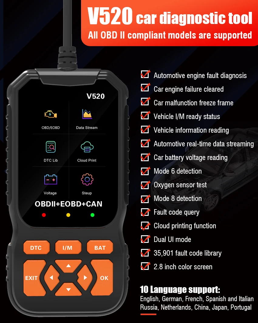 OBD полнофункциональный V520 CE FCC RoHS считыватель кодов elm327 автомобильный диагностический инструмент Автомобильный сканер