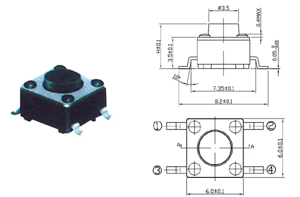 6x6MM Tact 250GF SMD Type Tactile Switch With 4 Pins Reel Packing