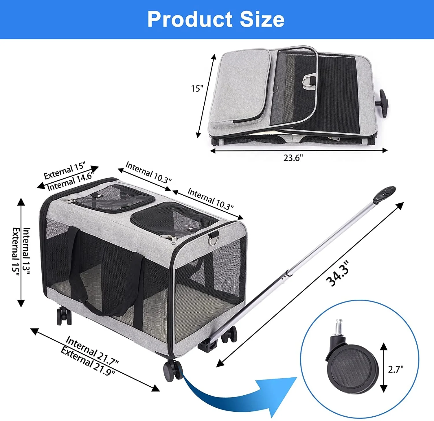 Double Compartment Pet Carrier With Detachable Wheels Rolling Carrier For 2 Small Cats Super Ventilated Design