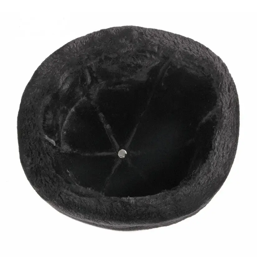 PU leather Cover Wind Head Protection Warm Black Fleece Lined Lord Winter Melon Caps Docker Pumpkin Brimless Landlord Bonnet Hat