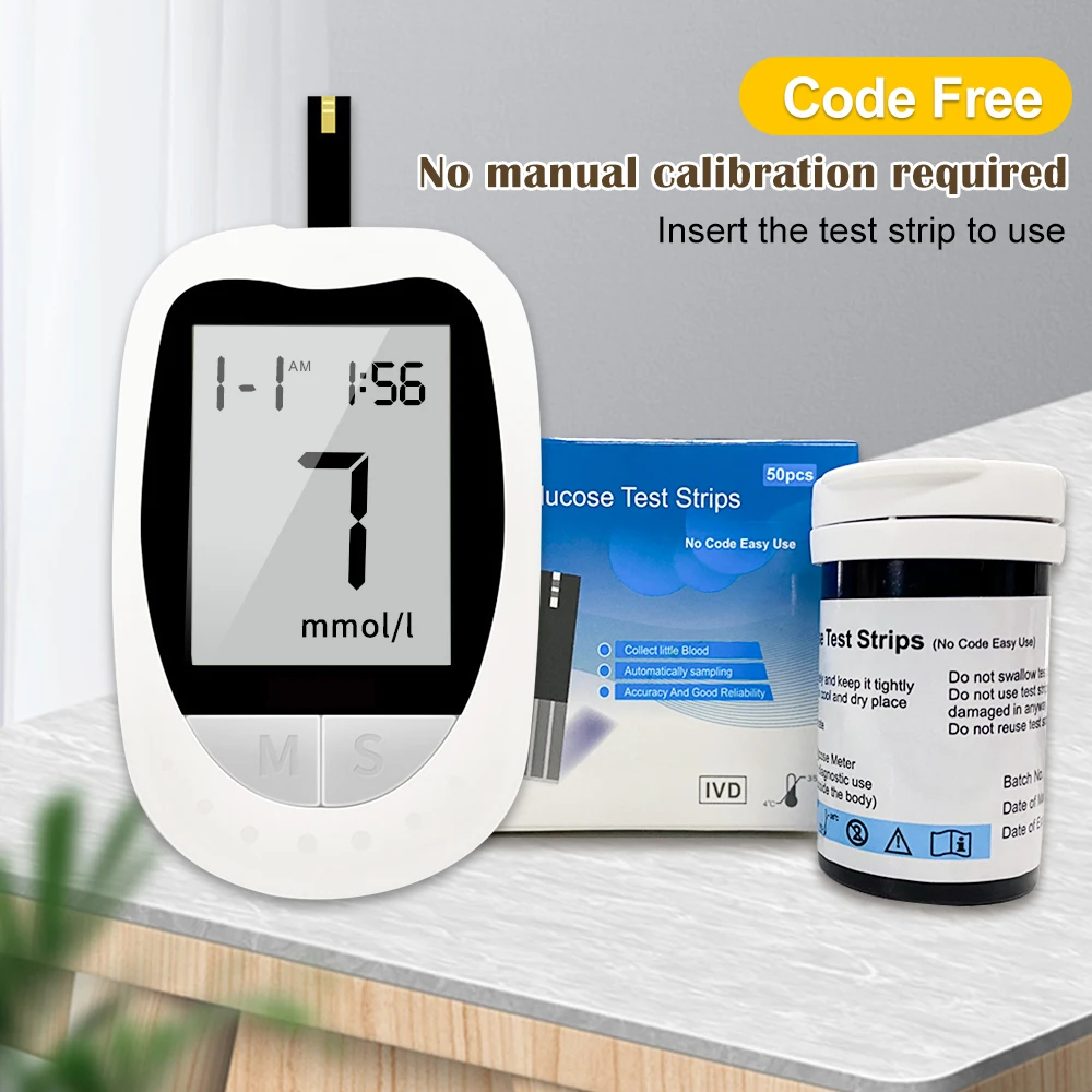 Blood Glucose Meter Glucometer Kit Diabetes 50 Test Strips+50 Lancets Needles Medical Blood Sugar Meter mg/dl mmol Code Free