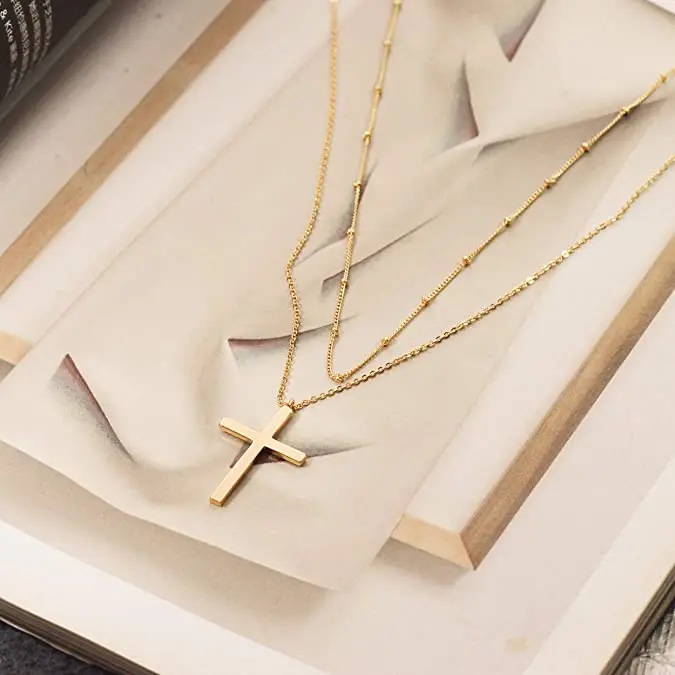 fashion cross layered necklace jewelry stainless steel gold plated cross pendant christian necklace women