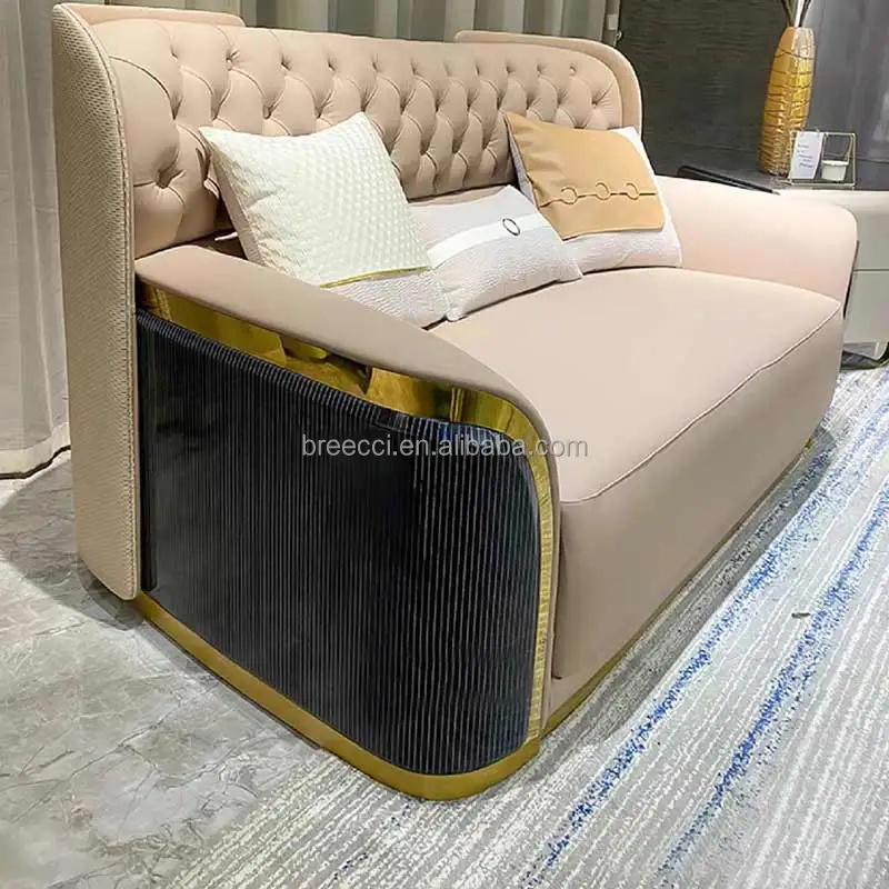 Italian Modern Luxury High Quality Gold Stainless Steel Imitation Leather Sectional Sofas for Hotel Living Room Furniture Sets